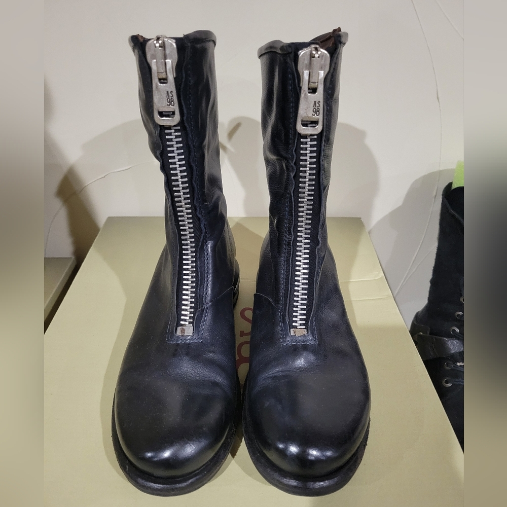 A.S.98 Black Leather Front-Zip Combat Boots